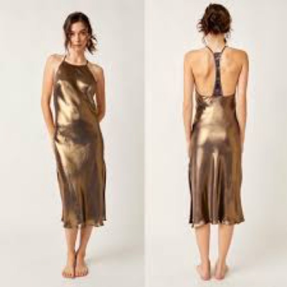 Free People Racerback Gold Foil Shimmer Metallic Satin Midi Slip Dress Size L